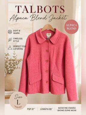 Talbots Alpaca Blend Wool Jacket Pink Button Front Swing Coat Large
